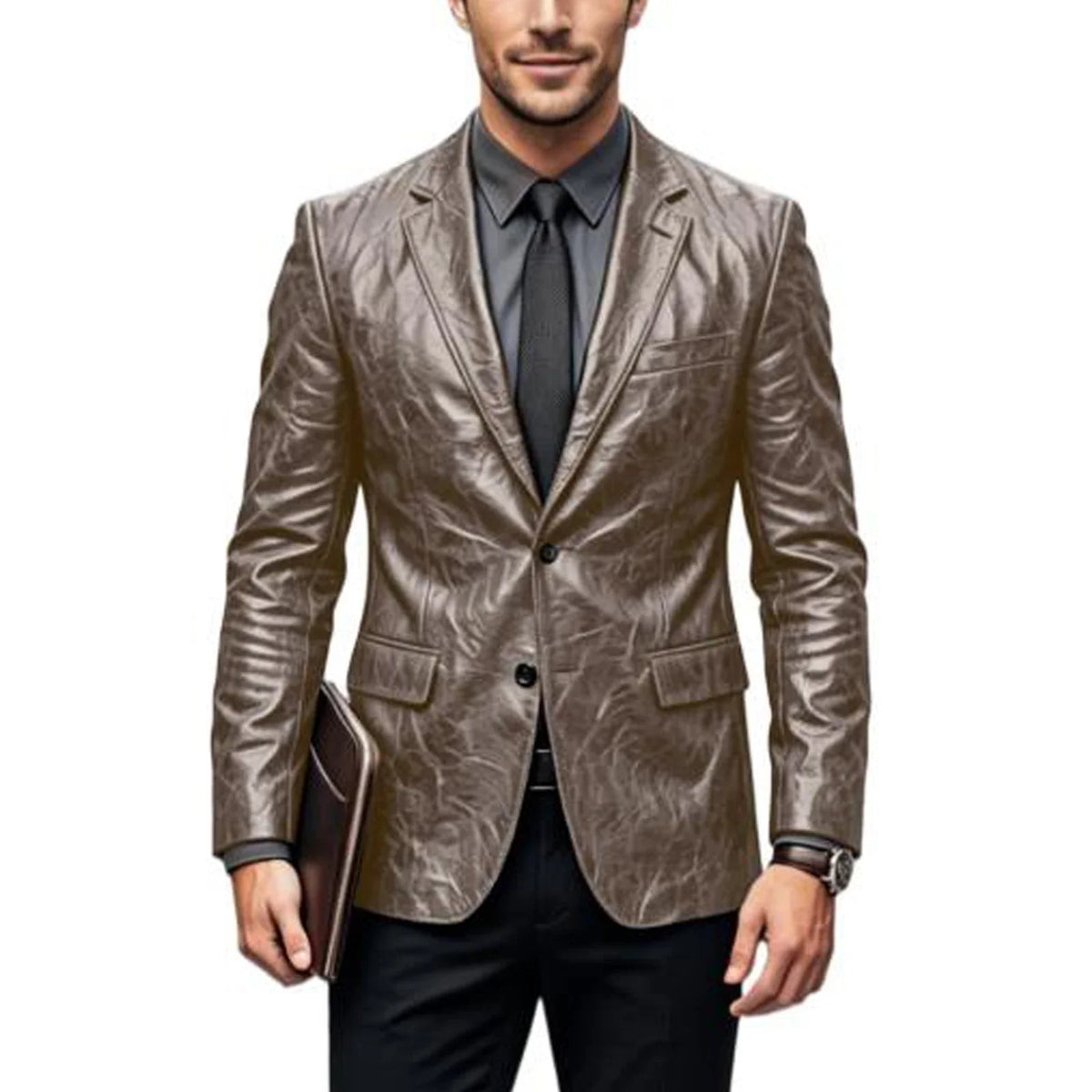 Vintage Wrinkled Men's PU Leather Blazer Slim Fit Notched Lapel Business Suit Jacket Two Button Casual Sport Coats for Office