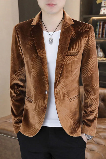 Blazer Men's Fashion Business Gentleman Groom Professional Gentleman Casual Velvet Bamboo Leaf Flower Dress High-end Blazer