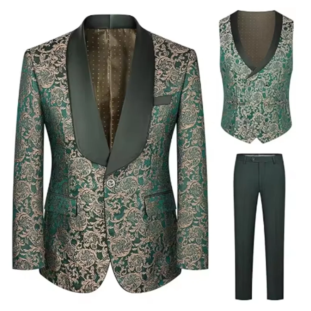 "Men's Embroidered Paisley 3-Piece Suit | Slim Fit Wedding Tuxedo Set (Jacket+Waistcoat+Pants) for Prom/Groom/Dinner/Party