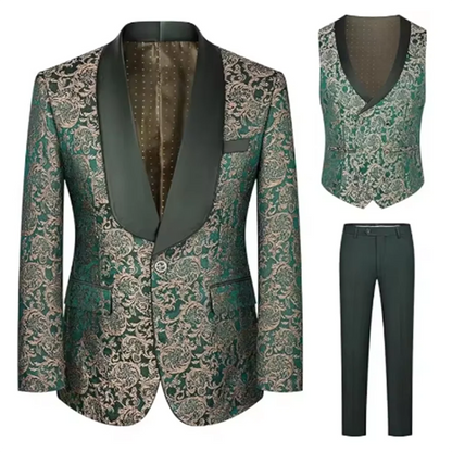 "Men's Embroidered Paisley 3-Piece Suit | Slim Fit Wedding Tuxedo Set (Jacket+Waistcoat+Pants) for Prom/Groom/Dinner/Party