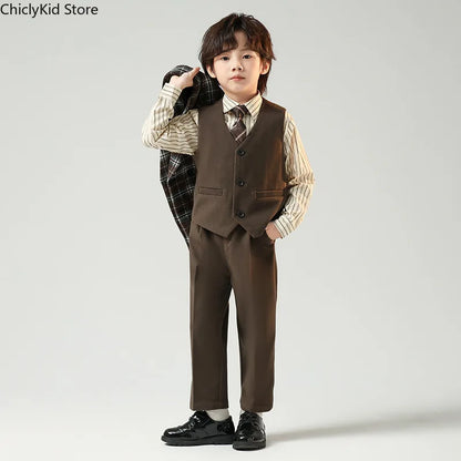 Boys British Double Breasted Blazer Jacket Pants Children Suit Waistcoat Wedding Clothes Sets Toddler Formal Dress Kids Tuxedos
