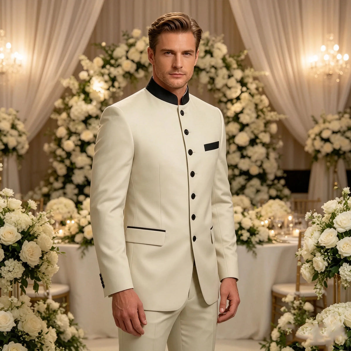 Men's 2-Piece Serge Suit Mandarin Collar Slim Fit Formal Set for Weddings and Business