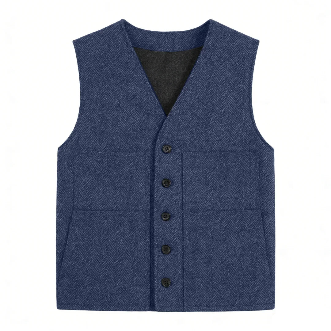 Men's Vest Gray Herringbone Single Button V-Neck Waistcoat for Wedding & Business