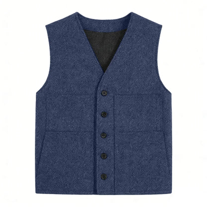 Men's Vest Gray Herringbone Single Button V-Neck Waistcoat for Wedding & Business