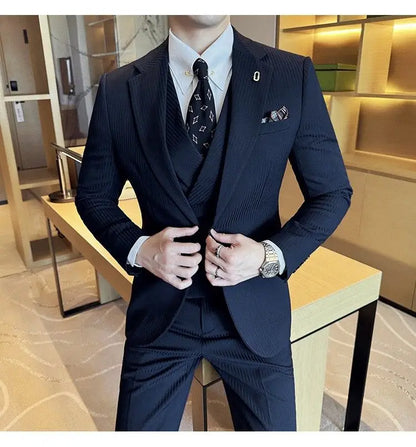 Men's Slim Fit 2-Piece Suit – Striped Single-Breasted Blazer and Trousers for Wedding, Business & Formal Wear