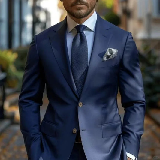 Men's Two-Piece Suit Navy Blue Single-Breasted Slim-Fit Formal Jacket and Trousers for Wedding and Business