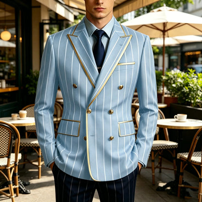 Men's Pinstripe Blazer Double Breasted Gold Trim Slim Fit Suit Jacket Peak Lapel Business Formal Tuxedo Coat for Wedding Prom