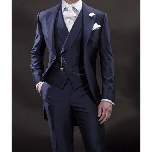 Slim Fit Formal Men Suits with Double Breasted Waistcoat Navy Blue Male Fashion Jacket Pants 3 Piece Wedding Tuxedo for Groom