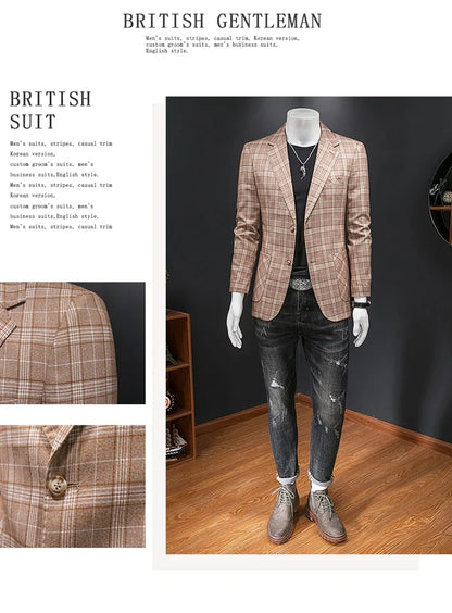 Top Quality Luxury Plaid Business Slim Fit Men Blazer Jacket 2024 Spring Autumn Casual Blazers For Men Elegant Dress Suit Jacket