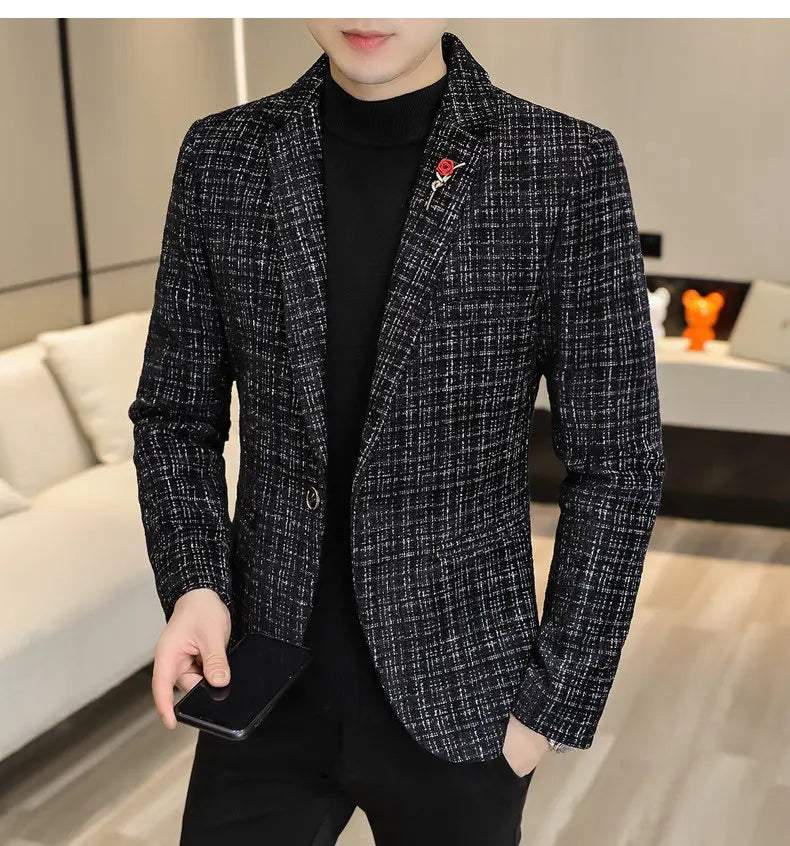 Korean Fashion Woven Suit Jacket for Men Autumn Slim Fit Casual Men Blazers Street Wear Social Business Dress Coats Men Clothing