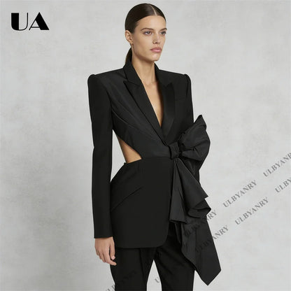 Womens Black Blazer with Satin Ruffle Waist Tie and Peak Lapel Events Gala Birthday Prom Party Suit Attire Slim Fitting