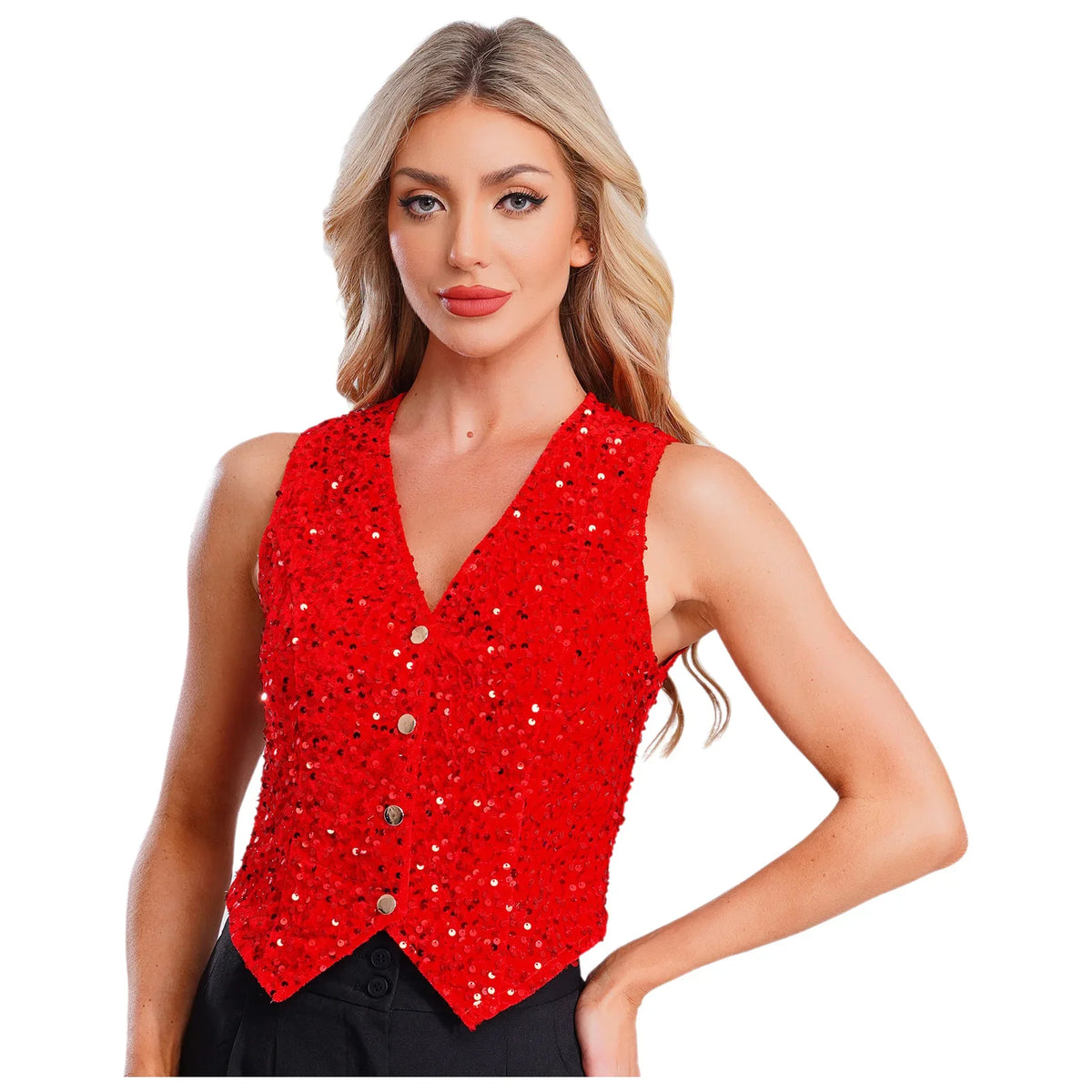 Women's Sleeveless Vest Disco Party Tops Clubwear Streetwear Lady V-neck Sequins Vests Fashion Waistcoat Music Festival Outfit