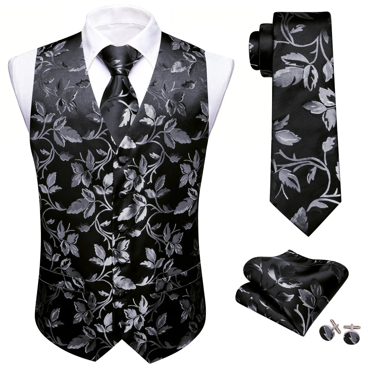 Men's Formal Vest Tie Set 4-Piece Paisley Jacquard Waistcoat for Men Wedding Business