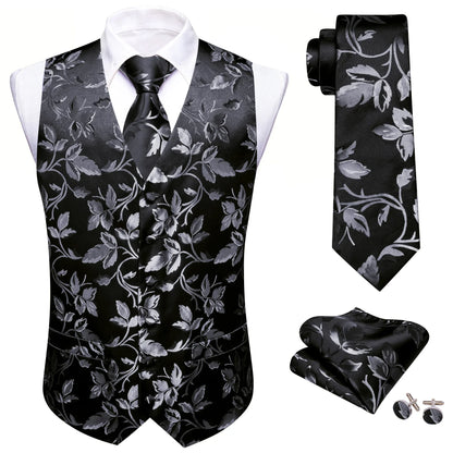 Men's Formal Vest Tie Set 4-Piece Paisley Jacquard Waistcoat for Men Wedding Business