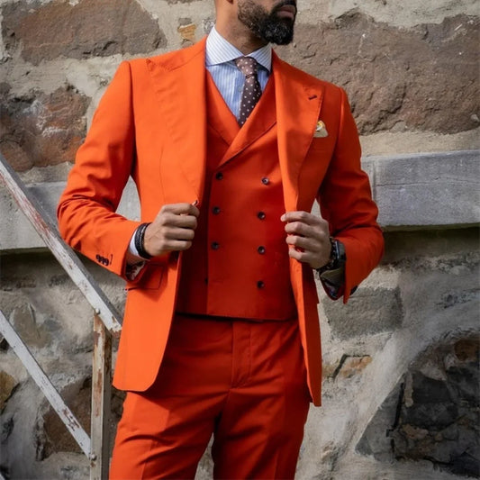 Custom Made Men Suits Dark Orange Groom Tuxedos Peak Lapel Groomsmen 3 Pieces Set Wedding ( Jacket + Pants + Vest )