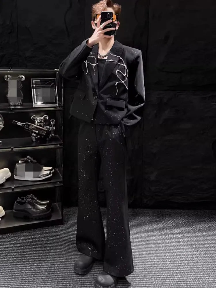 Party Mens Black Suits Sets Fashion Rhinestone Pearls Short Blazers Jacket High Waist Straight Pants Korean Style Two Piece Set