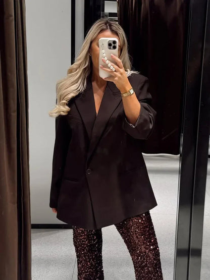 Autumn Women Fashion Solid Blazer Female High Street Pockets Turn-down Collar Single Button Commuter Casual Long Sleeve Coat