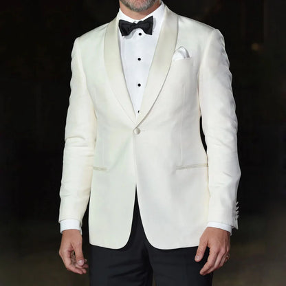 Men Suit 2 Piece Ivory Black With Bright Lapel Single Button For Wedding Banquet Birthday Business Work Daily Jacket And Pants