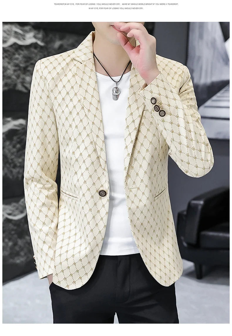 Korean Letter Print Men Blazers Brand 2024 Spring Casual Business Suit Jackets Slim Fit Street Wear Social Jacket Men Clothing
