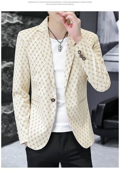 Korean Letter Print Men Blazers Brand 2024 Spring Casual Business Suit Jackets Slim Fit Street Wear Social Jacket Men Clothing