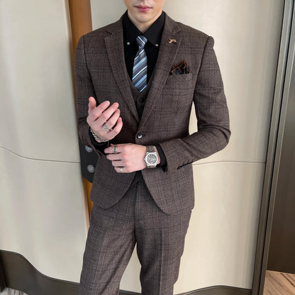 Ensemble costume trois pièces à carreaux modifié de haute qualité de style coréen britannique pour hommes - Gilet et pantalon de costume décontracté élégant