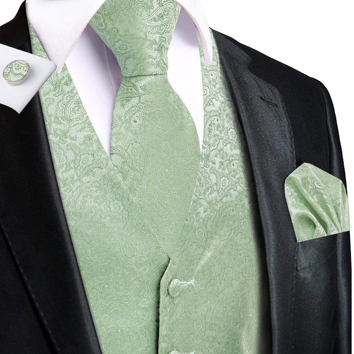 Men's Paisley Vest Set – Mint Green Formal Waistcoat with Tie, Pocket Square & Cufflinks for Weddings