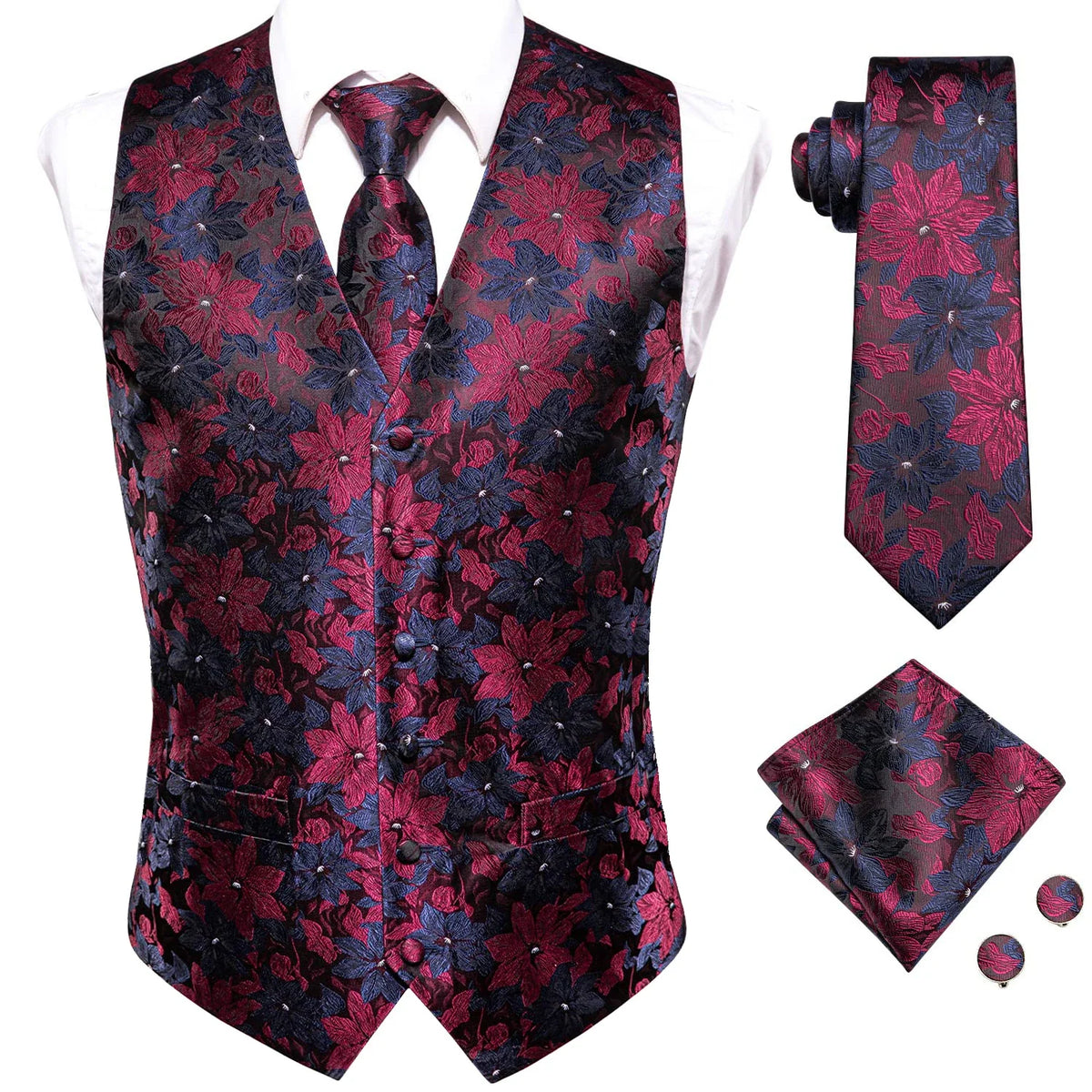 Men's Waistcoat Suit Set with Jacquard Floral Vest, Tie, Hanky & Cufflinks for Wedding and Business