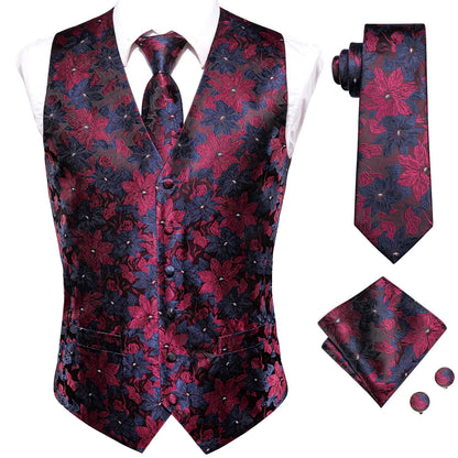 Men's Waistcoat Suit Set with Jacquard Floral Vest, Tie, Hanky & Cufflinks for Wedding and Business