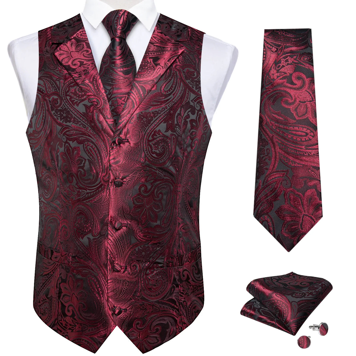 Men's Paisley Suit Vest – Single-Breasted Waistcoat with Tie, Handkerchief & Cufflinks for Weddings & Banquets