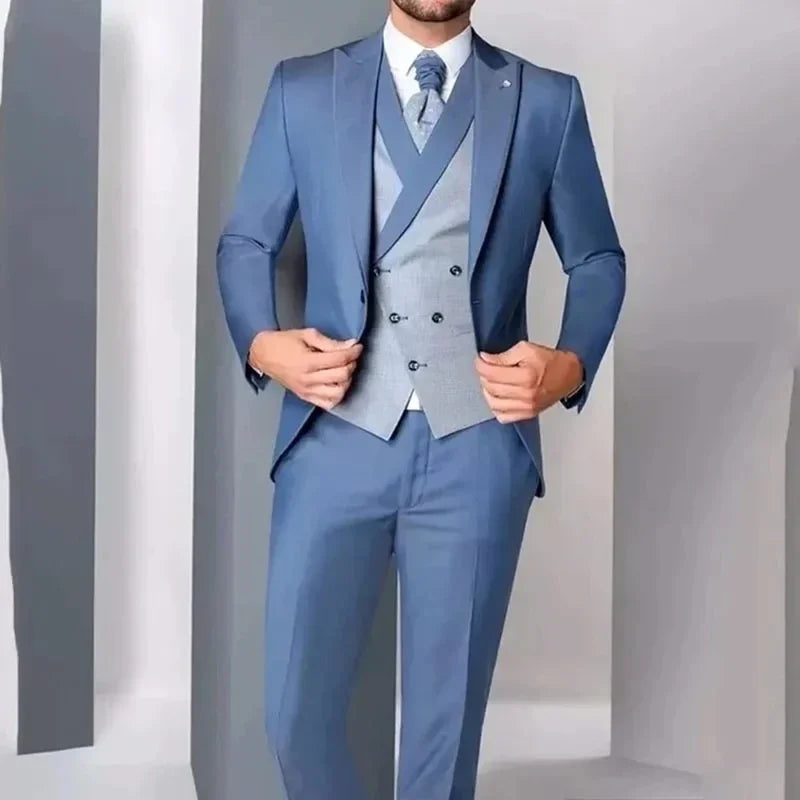 Blue Formal Business Men's Suits Custom Slim Fit Tuxedo Wedding Grooms Blazer 3 Piece Set Trajes Elegante Para Hombre