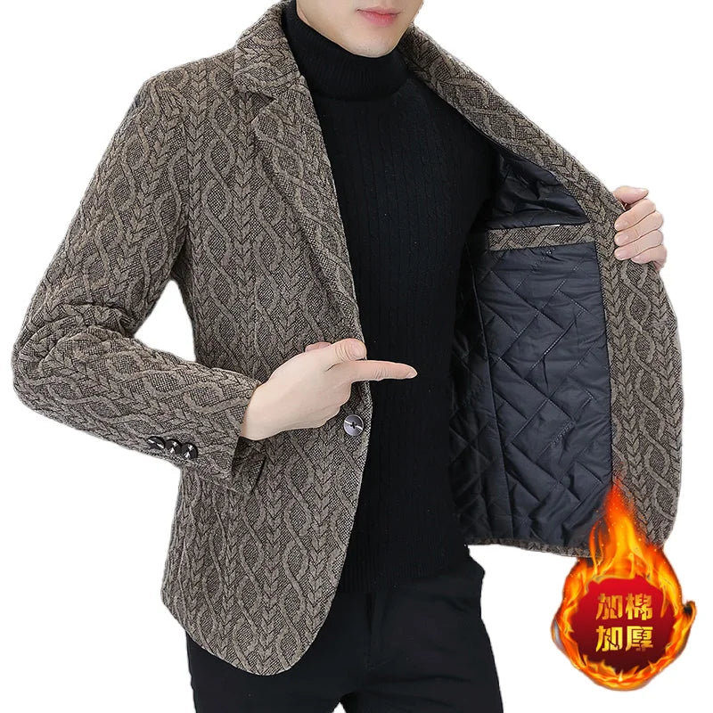 Blazer Autumn/Winter Golden Sable Velvet and Cotton Thickened Thermal Small Suit Fashion Business Men's Slim Blazer