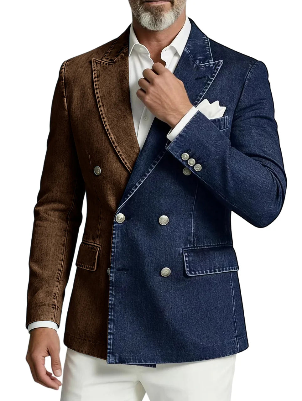Men Spliced Denim Jacket Peak Lapel Double Breasted Slim Fit Casual Blazer Outing Date Night Trendy Party Fashion Costume Homme