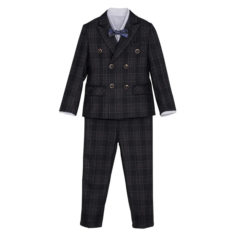kids Gray Plaid Suit Set Flower Boys Wedding Outfit Children's 4Pieces Formal Wear With Jacket Vest Pants Bowtie