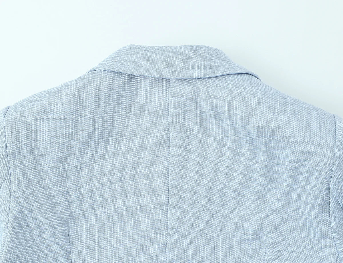 Spring Commuter Style Short Blue Suit Jacket Women's Fashionable Versatile Single Button Flip Collar Top Thin Long Sleeve