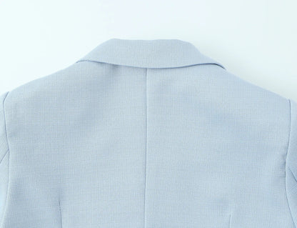 Spring Commuter Style Short Blue Suit Jacket Women's Fashionable Versatile Single Button Flip Collar Top Thin Long Sleeve