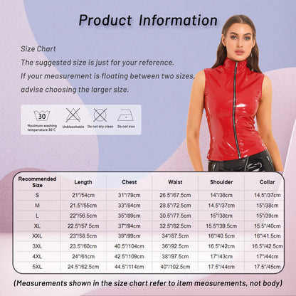 Adults Wet Look Sleeveless Waistcoat Women Fashion Zipper Vest Patent Leather Tops Vests Nightclub Clubwear Clubbing Costume