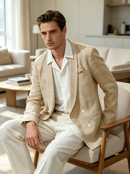 Summer Cotton Linen Blend Men Blazer Double Breasted Casual Suit Jacket Lightweight Soft Elegant Dress Coat For Prom Work Party