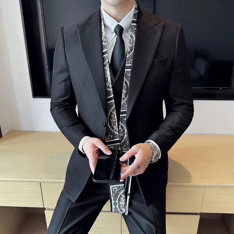 Double Collar Suit Set 3 Pieces Business Formal Casual Suits Vest Trousers Office Work Party Prom Wedding Groomsmen Clothing