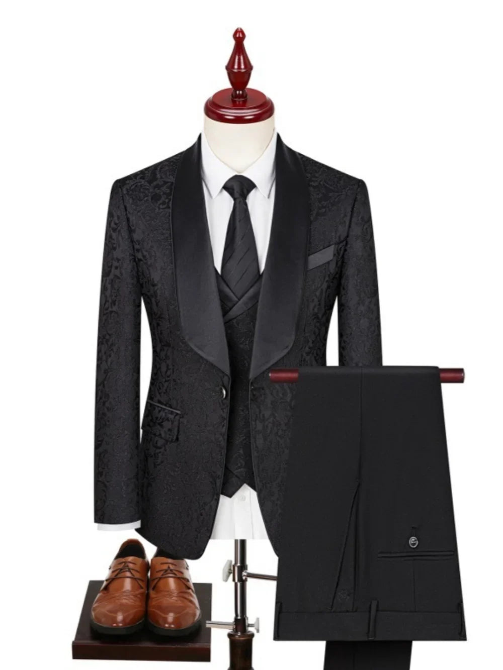 New Men's Jacquard Suit Set 3 Pieces Banquet Party Wear Chic Formal Shawl Lapel Suits For Men Classy Handsome Tuxedo XS-4XL