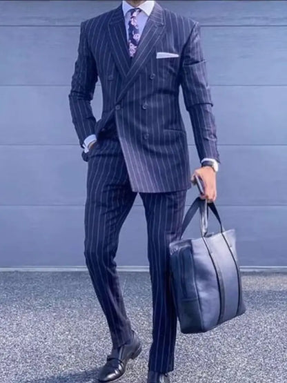 Navy Blue Striped Men Suits Slim Fit Peak Lapel Double Breasted Balzer Pants Office Wedding Groom Tuxedos 2 Piece Business Set