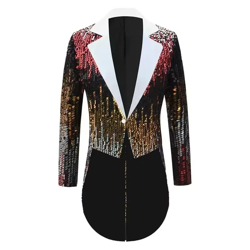 Men's Sequin Swallowtail Tailcoat Host Suit Jacket Long Party Coat Magician Stage Performance Chorus Evening Singer Black