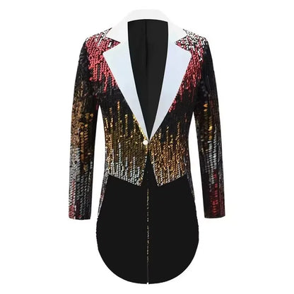 Men's Sequin Swallowtail Tailcoat Host Suit Jacket Long Party Coat Magician Stage Performance Chorus Evening Singer Black