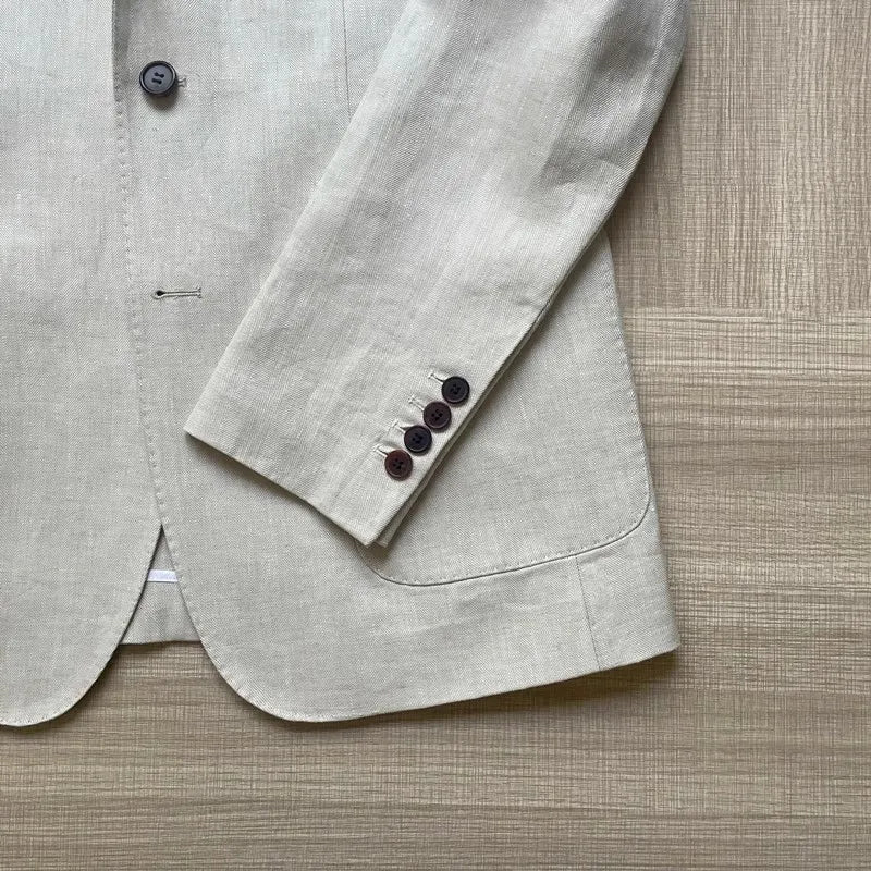Men Thin Slim Fit Top Quality Beige White Linen Suits Matching Sets Spring Summer Comfortable Two Piece Set Casual Outfits 2025