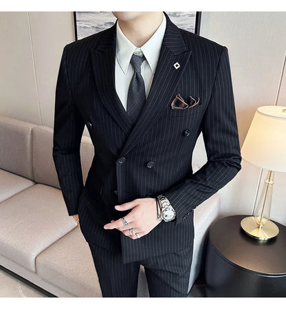 (Jacket + Vest + Pants)Three Piece Set Men Blazers Set stripe Suits Busines Casual Slim Fit Formal Dress Groom Tuxedo Wedding