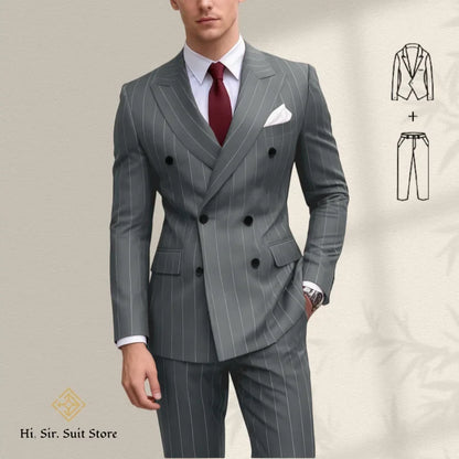 Men's 2-Piece Slim Fit Double-Breasted Striped Suit Set for Men – Wedding, Business & Formal Occasions