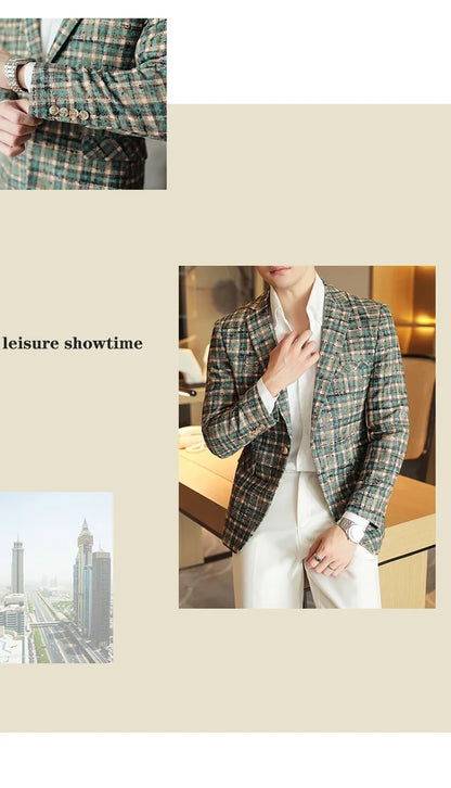 British Style Plaid Woven Casual Suit Jacket for Men Slim Fit Business Social Dress Coats Wedding Party Banquet Office Blazers