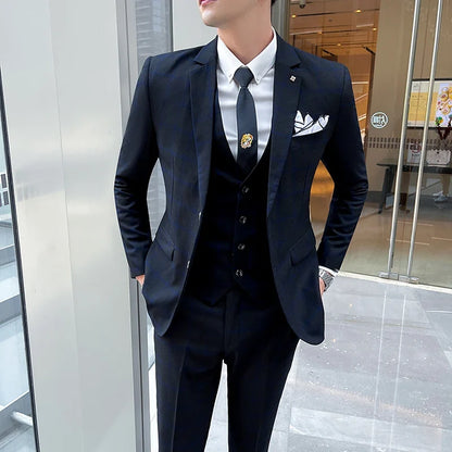 Men's Plaid Three-Piece Suit – Slim Fit Wedding & Business Set with Vest and Trousers