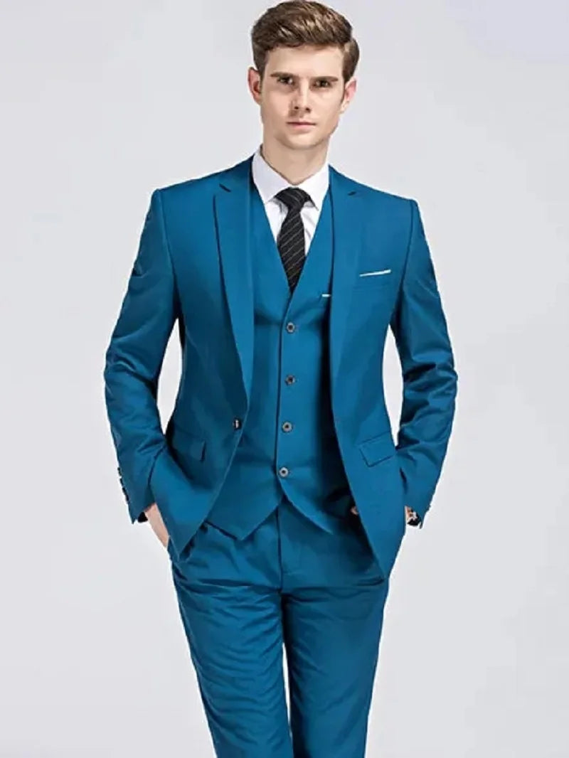 High Quality 3 Piece Groom Dress Slim Fit Wedding Evening Men Suits Vest Classic Solid Blue Formal Male Blazer