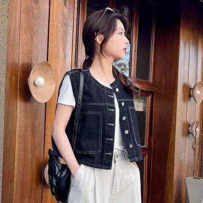 Retro Loose Thin Denim Vest Coat Women's Spring Summer Versatile Casual Sleeveless Jeans Jacket Korean Short Denim Waistcoat