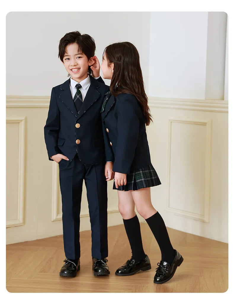 Children British School Uniforms Girls Preppy Jacket Pleated Skirts Boys Blazers Pants Suits Kids Teenage Student Clothes Sets